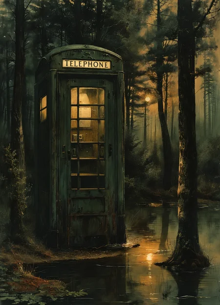 vintage telephone booth in the forest,arm,water,twilight,light from within,8k,<lora:tbh163-sdxl:0.9>,natural light,<lora:The_Dark_Side_of_the_Earth:0.6>,