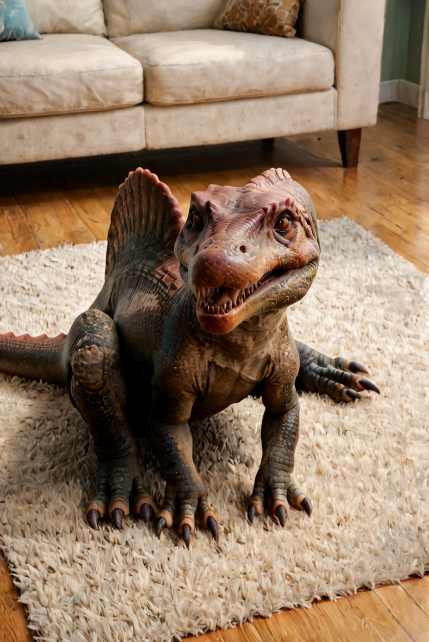 source_furry, score_9, score_8_up, score_7_up, (spinosaurus_jwe, dinosaur, feral, chibi, cute), scalie, dark green scales, detailed scales, snout, broad snout, elongated snout, orange eyes, detailed eyes, teeth, sharp teeth, back sail, claws, digitigrade legs, tail, <lora:Spinosaurus_JWE2:0.8>, indoors, living room, carpet, on carpet, view from above, look to viewer, looking cute, cute eyes, sitting, zPDXL2, zPDXLpg, zPDXLrl, best quality, highly detailed, extreme details, masterpiece, photorealistic, hyperrealistic, ultra realistic, hdr, 4k, uhd, ray tracing, shaded