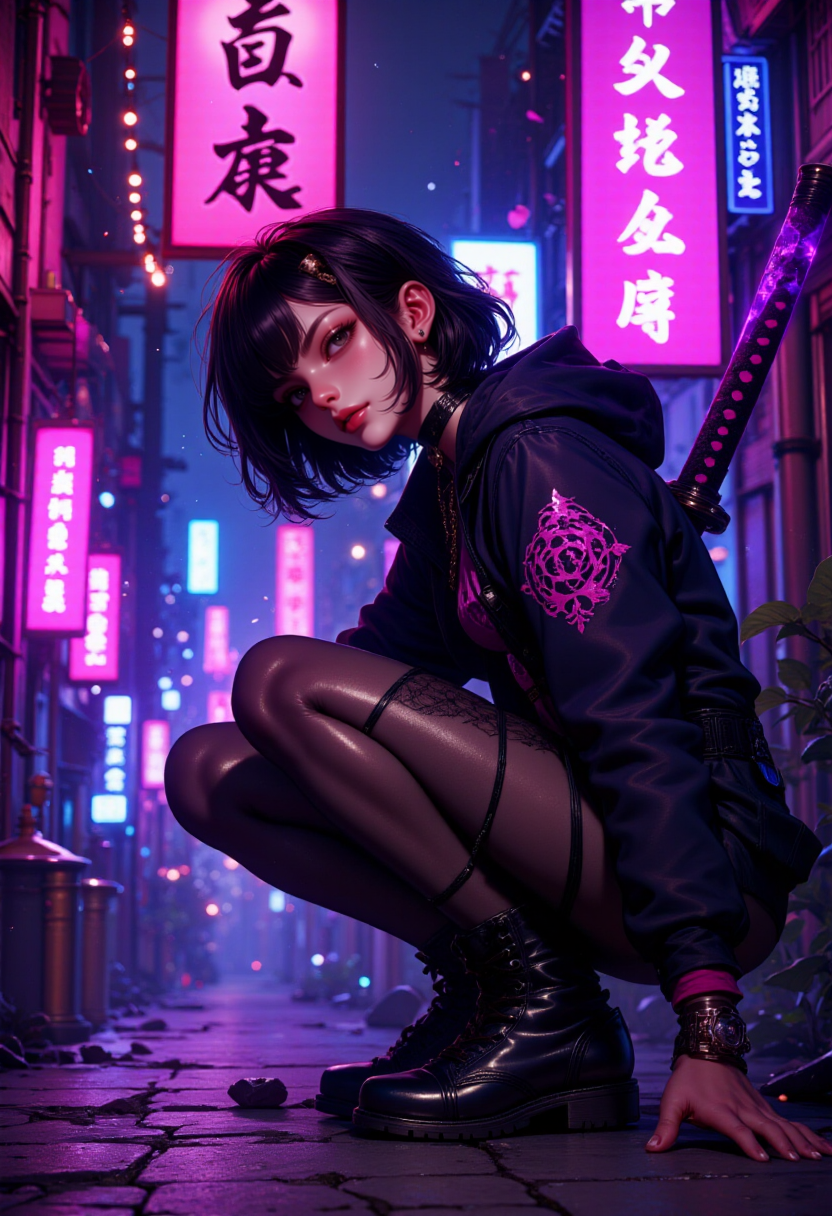G0thicL1nes, Image is a digital artwork featuring a stylized, anime-inspired character in a cyberpunk setting. The character is a young woman with a pale complexion, short black hair with bangs, and a confident expression. She is crouched down, holding a glowing purple katana with intricate designs. Her attire includes a black jacket, ripped stockings, and combat boots, accessorized with chains and a choker. The background is a neon-lit urban alleyway, with vibrant pink and blue signs in Japanese characters, creating a futuristic and moody atmosphere. The ground is littered with debris, enhancing the gritty, dystopian feel of the scene.
<lora:FluxMythG0thicL1nes:1>