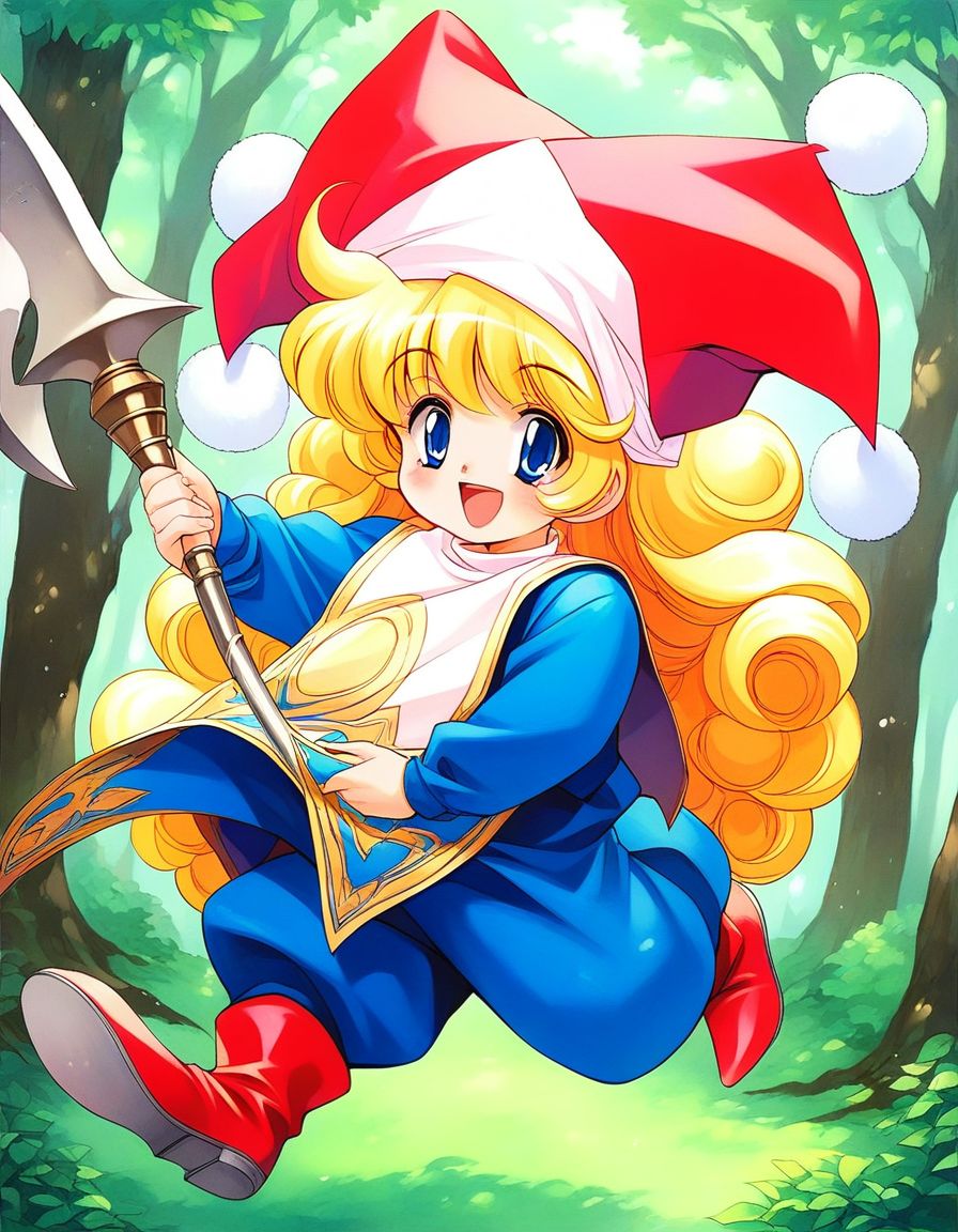 score_9, score_8_up, score_7_up, source_anime, rating_explicit, BREAK  <lora:Charlotte_seiken_densetsu3_XL:1>
Charlotte_seiken, 1girl, blonde hair, solo, hat, forest, 
full body, long hair, blue eyes, open mouth, retro artstyle, curly hair, smile, jester cap, holding, weapon, red footwear, blue long sleeves, tabard,