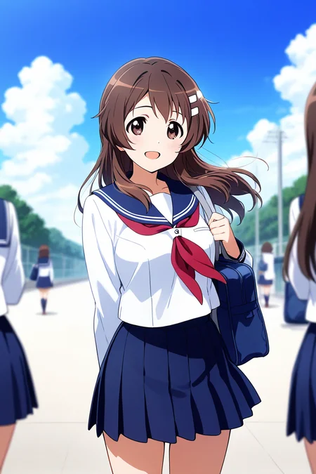 <lora:Niimi_Haruka_PHTKN_Illus:1>niimi haruka, outfit 1, sailor uniform, long hair, open mouth, skirt, brown hair, hair ornament, school uniform, blue pleated skirt, outdoors, sky, serafuku, solo focus, day, hairclip, cloud, bag, blurry, depth of field, school bag, red neckerchief, white uniform, blue sailor collar, alone, cowboy shot, smile,