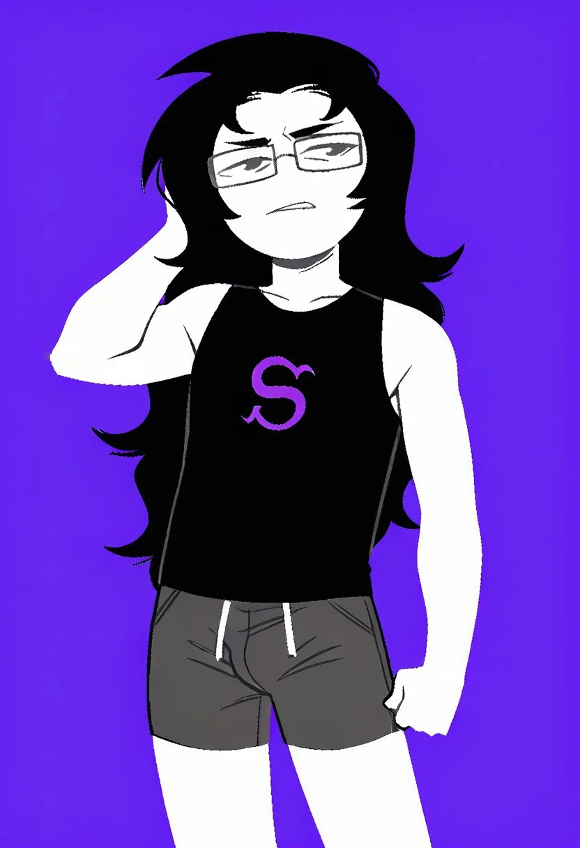 score_9, score_8_up, score_7_up, score_6_up, Homestuck^2_style, flat color, tank top, black hair, glasses, 1boy, solo, long hair, bulge, shorts