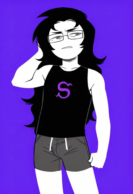 score_9, score_8_up, score_7_up, score_6_up, Homestuck^2_style, flat color, tank top, black hair, glasses, 1boy, solo, long hair, bulge, shorts