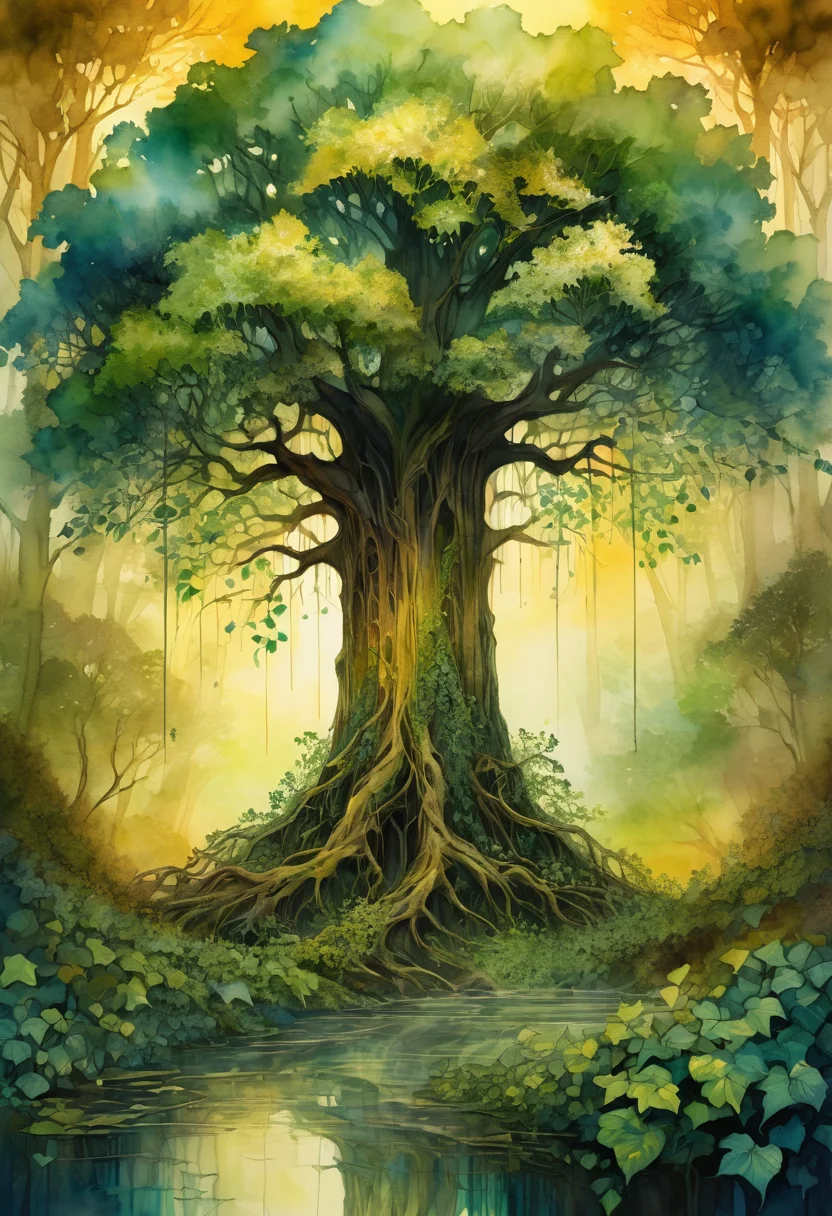a tree at the center of a dense shadowy forest, a tree overgrown with ivy, <lora:Artfully_TREES2-000003:0.6>, in the style of alcohol ink, a grove of trees shrouded in golden mist, a journey into endless detail, immersed in tranquil scenery, painted in watercolor, a spectrum of subtle gradients masterpiece, detailed, best quality, absurd resolution uhd, 8k,