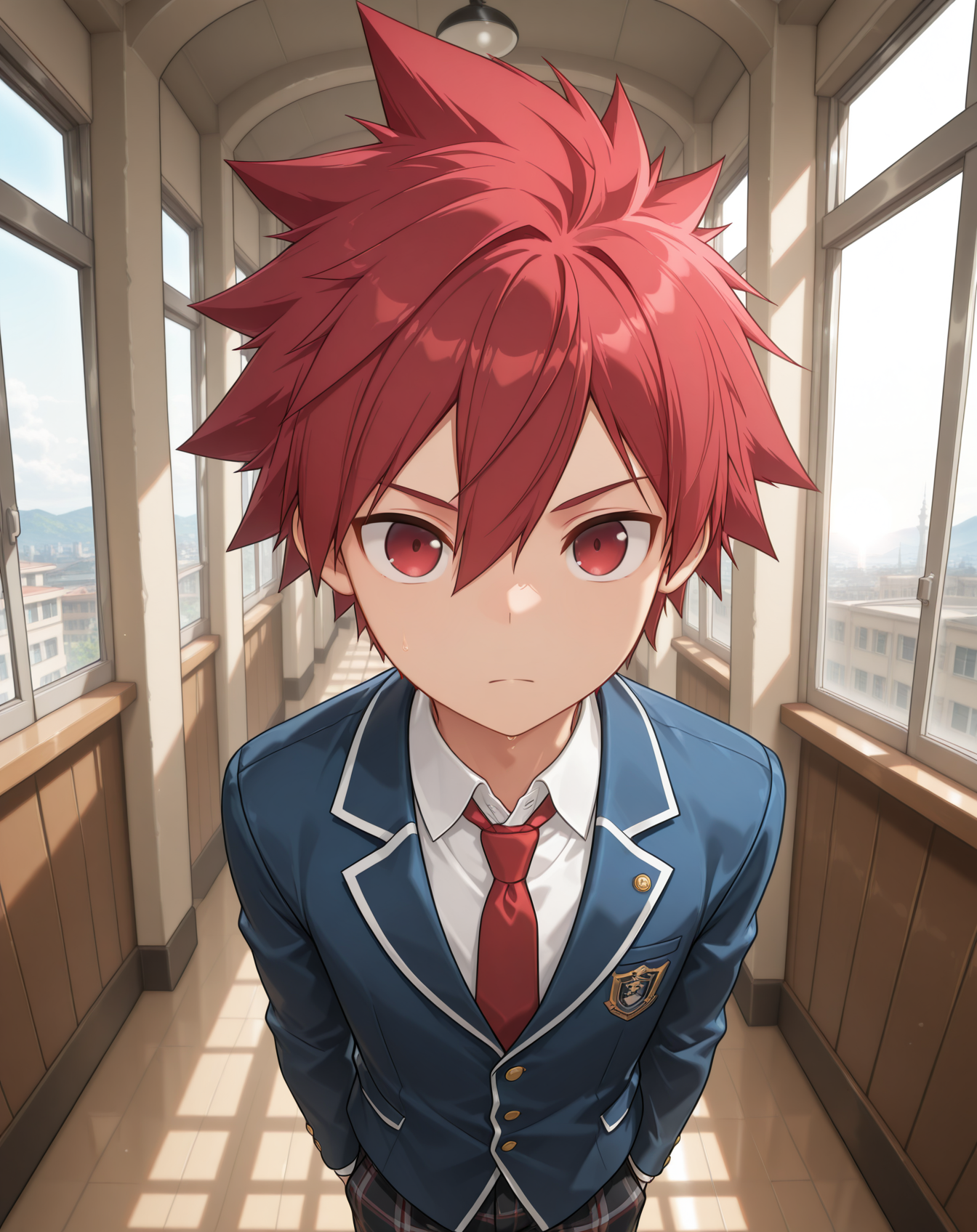 masterpiece,best quality,amazing quality, newest, very aesthetic, absurdres,
1boy, solo, yaoi, male focus, looking at viewer, cowboy shot,
 <lora:Elsword_Lord_Knight_ilxl:1> elswordlk, red hair, red eyes, spiked hair, adult, 
school uniform, white shirt, collared shirt, blue jacket, red necktie, black pants, plaid pants,
indoors, school, hallway, window, day, sun,