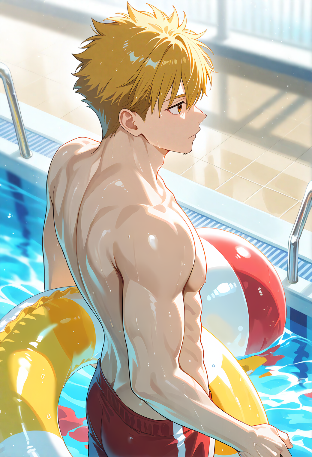 <lora:fujiyama_arashi:1>,
f4r4sh1,blonde_f4r4sh1_hair,brown_f4r4sh1_eyes,1boy,solo,anime coloring,
shiny skin,
cowboy shot,holding swim ring,red swim trunks,pool,toned male,looking afar,from above,from side,
blurry background,depth of field,
masterpiece,very awa,best quality,amazing quality,absurdres,highres,incredibly absurdres