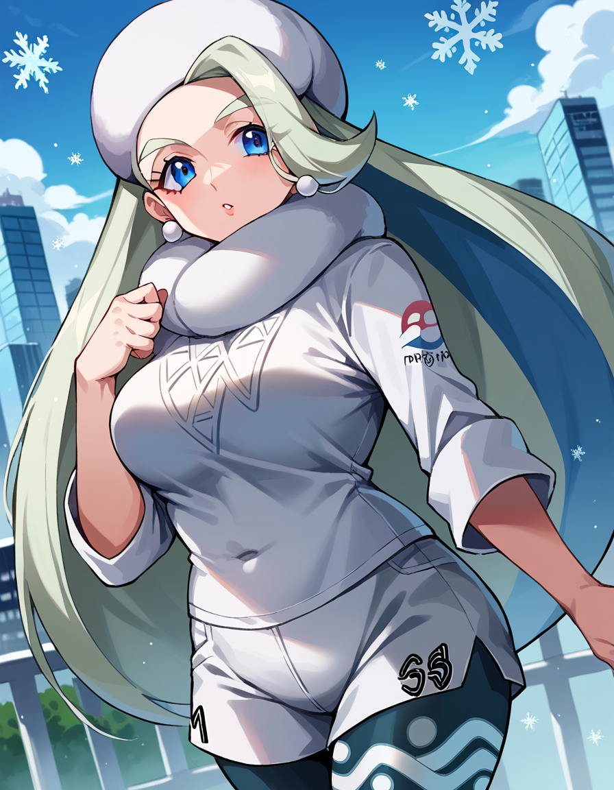 score_9, score_8_up, score_7_up, source_anime,
pokemonmelony, <lora:pokemon-melony-ponyxl-lora-nochekaiser:1>
pokemonmelony, blue eyes, eyelashes, long hair, multicolored hair, streaked hair, grey hair,
earrings, gloves, hat, jewelry, long sleeves, pantyhose, pantyhose under shorts, scarf, shorts, single glove, snowflakes, sweater, white headwear, white scarf, white sweater,
outdoors, cityscape,
looking at viewer, cowboy shot, dutch angle,