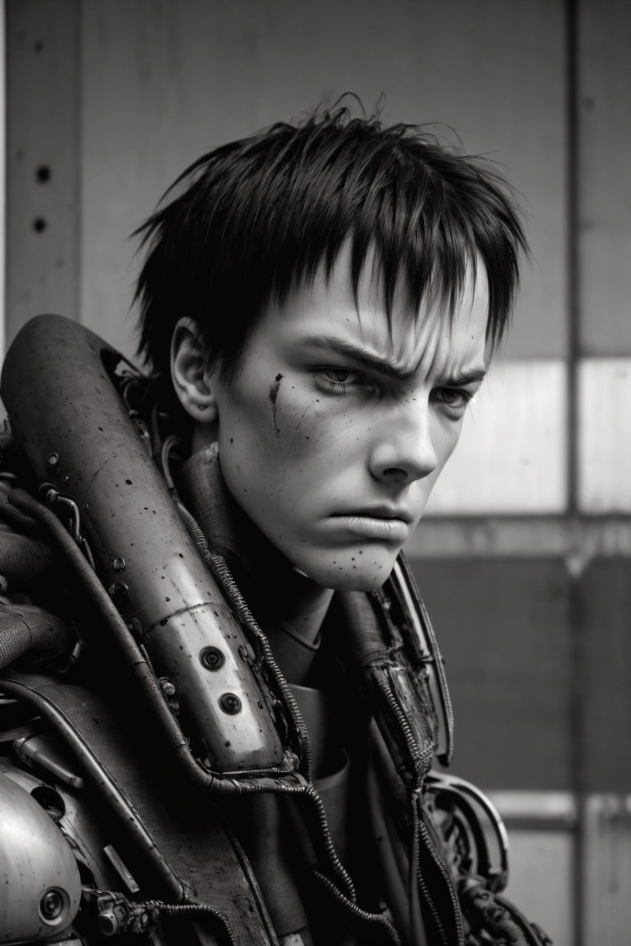 muted colors,RAW photo,realistic,detailed,8k uhd, dslr,sharp,volumetrics dtx,soft lighting,futuristic, cyber armor,killy, man, strong, manly,((pale skin)), scars, messy hair, short hair,bangs, looking at viewer,((facing viewer)), close-up,(angry, expressionless:1.2),menacing,closed mouth,portrait, tubes, concrete, mega structures,decrepit scenery, <lora:blamev2:0.9>