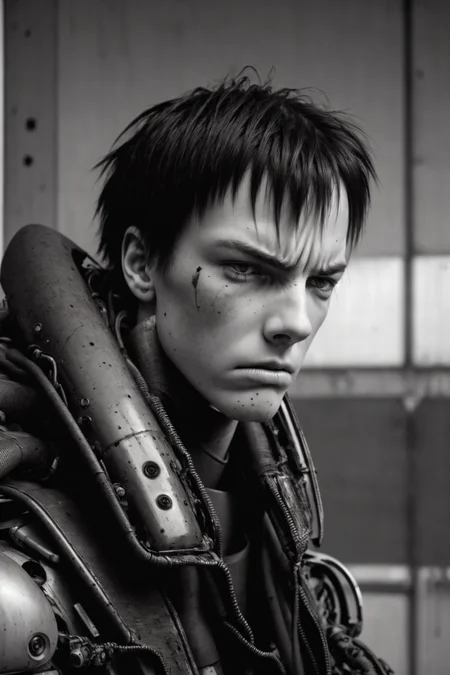 muted colors,RAW photo,realistic,detailed,8k uhd, dslr,sharp,volumetrics dtx,soft lighting,futuristic, cyber armor,killy, man, strong, manly,((pale skin)), scars, messy hair, short hair,bangs, looking at viewer,((facing viewer)), close-up,(angry, expressionless:1.2),menacing,closed mouth,portrait, tubes, concrete, mega structures,decrepit scenery, <lora:blamev2:0.9>