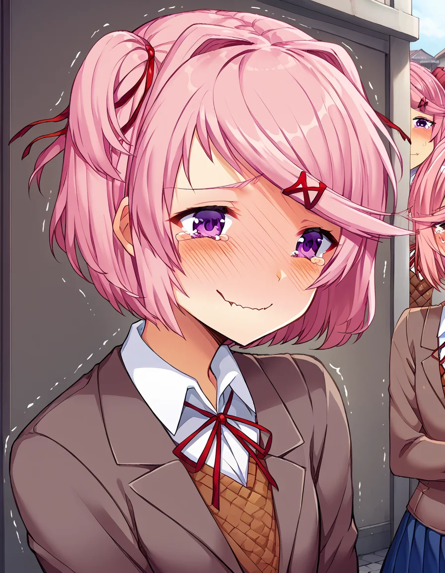 score_9, score_8_up, score_7_up, source_anime, <lora:ddlc-natsuki-ingame-ponyxl-lora-nochekaiser:1>, natsuki, fang, hair ornament, pink hair, purple eyes, short hair, short sidetail, swept bangs, x hair ornament,, blazer, blue skirt, brown jacket, collared shirt, jacket, long sleeves, miniskirt, neck ribbon, pleated skirt, red ribbon, ribbon, school uniform, shirt, skirt, swept bangs, vest, white shirt, wing collar,, town, small, streets, community, people, smile, <lora:ijimeka-ponyxl-lora-nochekaiser:1> ijimeka, ijimeka (meme), meme, full-face blush, trembling, embarrassed, wavy mouth, tears, tearing up, blush, looking down, cowboy shot,, looking at viewer, solo,, dutch angle, cowboy shot