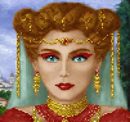 cinematic still style portrait of a sorceress with fair skin and light brown hair styled in an elaborate updo with prominent double-cone hairdo sections wrapped in red clothes with golden chains. She has blue eyes and a calm, composed expression. The character is dressed in a light green, red high-collared dress with intricate gold embroidery. She is also wearing golden linked jewelry with red gems. A blue transparent veil is behind her hair. Under the sky with clouds a town with trees, white buildings with red roofs, and magic ivory tower lavra visible at the background. Looking at viewer . emotional, harmonious, vignette, 4k epic detailed, shot on kodak, 35mm photo, sharp focus, high budget, cinemascope, moody, epic, gorgeous, film grain, grainy, style portrait of a sorceress with fair skin and light brown hair styled in an elaborate updo with prominent double-cone hairdo sections wrapped in red clothes with golden chains. She has blue eyes and a calm, composed expression. The character is dressed in a light green, red high-collared dress with intricate gold embroidery. She is also wearing golden linked jewelry with red gems. A blue transparent veil is behind her hair. Under the sky with clouds a town with trees, white buildings with red roofs, and magic ivory tower lavra visible at the background. Looking at viewer, beautiful, aesthetic, dramatic, cinematic, detailed, very inspirational, rich, inspiring, thought, glowing, epic, singular, great, perfect, iconic