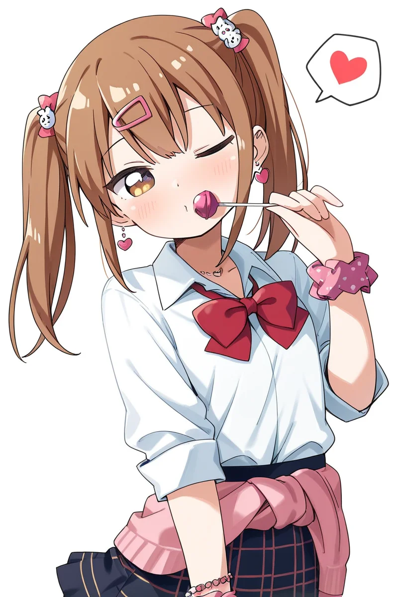 masterpiece, best quality, amazing quality,
<lora:Haru_IL:1> haru, 1girl, skirt, twintails, heart, spoken heart, one eye closed, bow, solo, wrist scrunchie, red bow, shirt, scrunchie, hair ornament, jewelry, white background, lollipop, food, brown hair, hairclip, school uniform, bowtie, candy, simple background, plaid skirt, white shirt, gyaru
