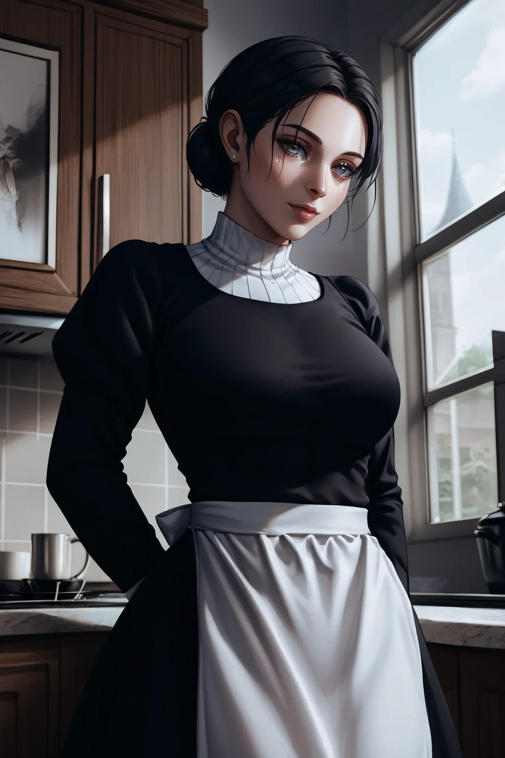 score_9, score_8_up, score_7_up, BREAK source_anime, <lora:Lara Tybur-PonyXL-lora-Faxtron:1> lara tybur, grey eyes, black hair, single hair bun, medium breasts, black dress, long sleeves, apron,