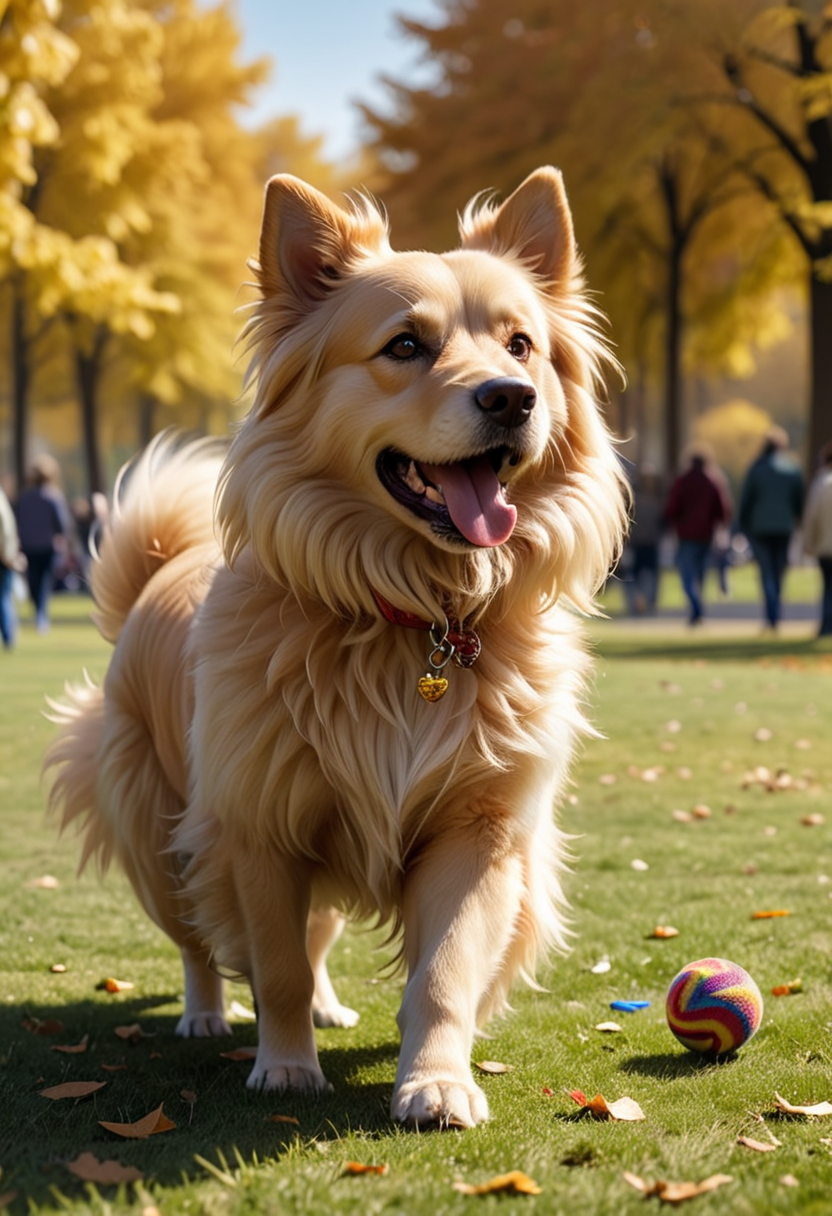 (medium full shot) of (courageous dog) with golden long fur, a patterned sweater, performing chewing a toy, set in  a sunny park, featuring wide open spaces, playful dogs, people having picnics, and a warm ambiance, Masterpiece,best quality, photo, realistic, very aesthetic,