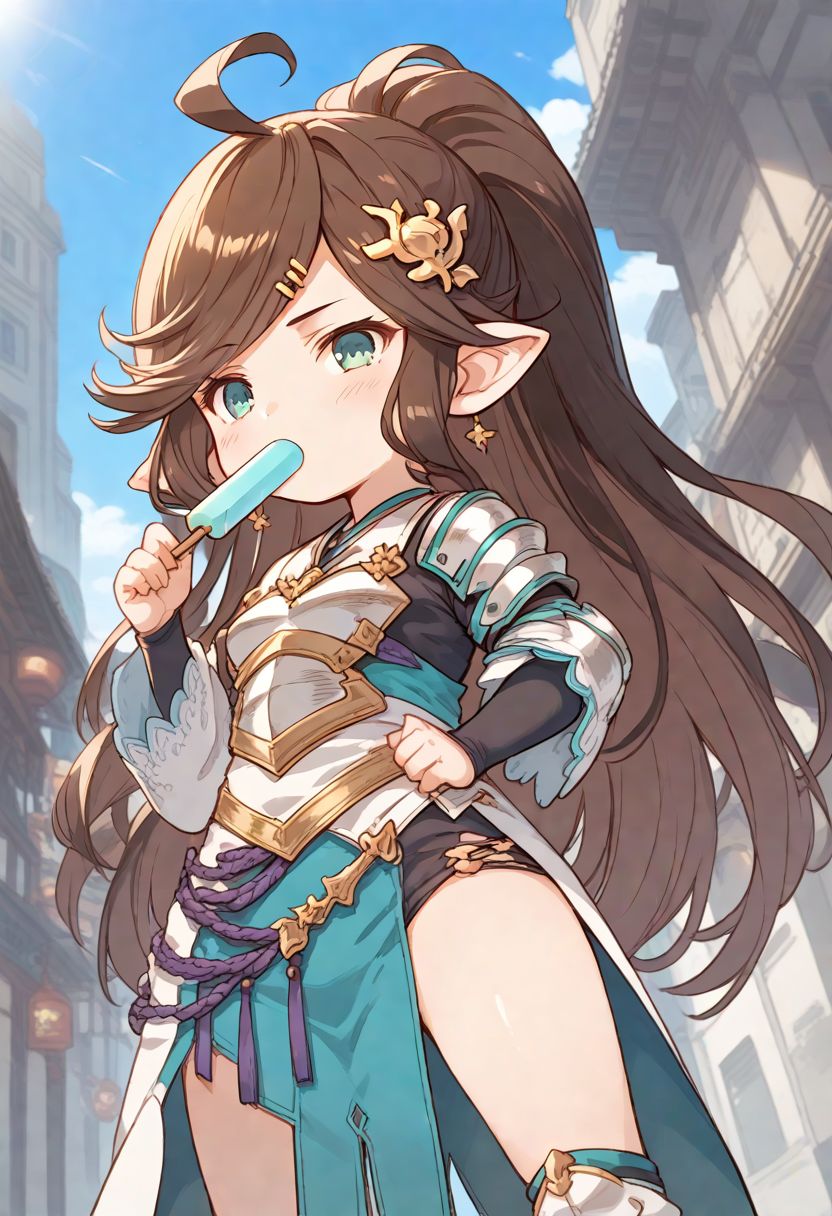 <lora:Hyper-SDXL-8steps-lora:1><lora:Fixhands_anime_bdsqlsz_V1:1>zPDXL2, score_9, score_8_up, score_7_up, source_anime, intricate details, perfect anatomy BREAK
1girl, solo, chibi, gbf-polaris, harvin, brown hair, ponytail, green eyes, hair ornaments, armor, thigh boots, gbf-polaris outfit,
eating popsicle, 
outdoors, city, tokyo, japan,
<lora:gbf-polaris_XL(pony)v11:1>
