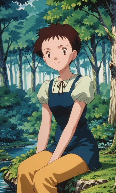 score_9, score_8_up, score_7_up, 1girl, solo, source_anime, pkmArielle, short hair, brown hair, solo, short  short sleeves,  brown eyes<lora:pkmArielle:1> sitting, in a forest, smile,