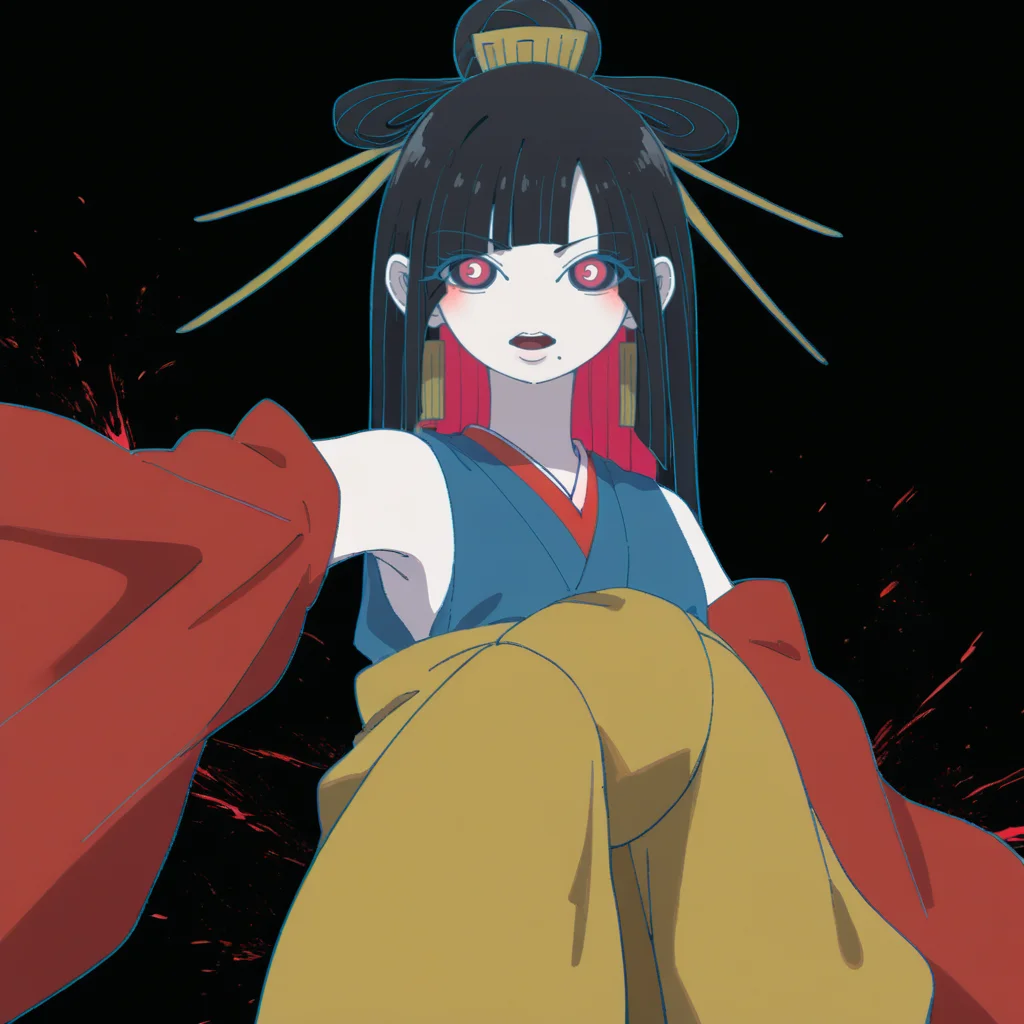 Fighting game style, score_9, score_8_up, score_7_up, score_6_up, score_5_up BREAK t1u5, 1girl, mole under mouth, colored sclera, pink eyes, symbol-shaped pupils, long hair, black hair, blue kimono, sleeveless, earrings, hair stick, hime cut, sidelocks, hair ornament, colored inner hair, yellow obi, red sleeves, detached sleeves, cowboy shot, pale skin, looking at viewer, solo, <lora:tukiGirlPDXL16v0.95cametx1-000008:0.8>, Dynamic, vibrant, action-packed, detailed character design, reminiscent of fighting video games
