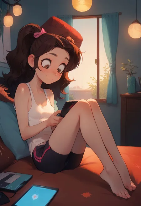score_9, score_8_up, score_7_up, score_6_up, score_5_up, score_4_up, cute 18 year old girl, kawaii girl, skinny, petite body, perfect cute face, narrow hips, thin thighs, small breasts, teardrop_breasts, small tight ass, long brown wavy hair, freckles, pale skin, hazel eyes, feet, twin ponytails, lounge shorts, loose tank top,
BREAK
In bed, holding phone, smiling, in bedroom, stacks of textbooks, looking down, evening, open laptop
BREAK