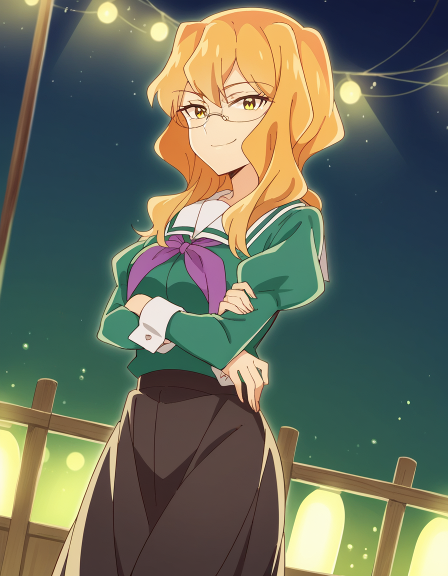 score_9, score_8_up, score_7_up, source_anime, <lora:sumika-chibana-s1-ponyxl-lora-nochekaiser:1>, sumika chibana, long hair, blonde hair, yellow eyes, glasses,, skirt, long sleeves, school uniform, puffy sleeves, serafuku, purple neckerchief, green shirt, black skirt, long skirt,, nightclub, lights, music, dance, drinks, smile, crossed arms, smug, looking at viewer, solo,, dutch angle, cowboy shot