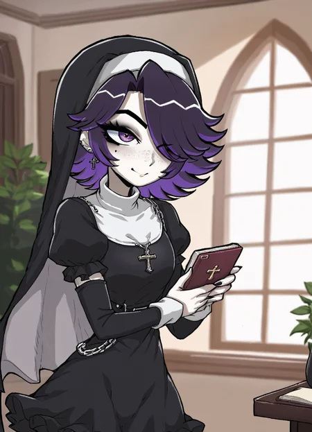 score_7_up, score_8_up, score_9, (ksusha_def_afs_outfit:1.2), dark purple hair, hair over one eye, 1girl, nun outfit, holding bible, indoors
