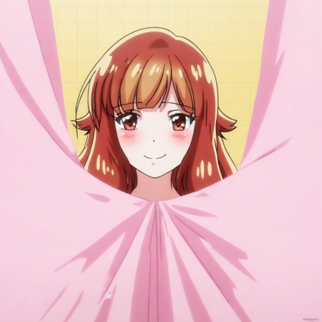 Aoi Yuzuki , upper body, behind curtains, bathroom, cute face, smile, blush
