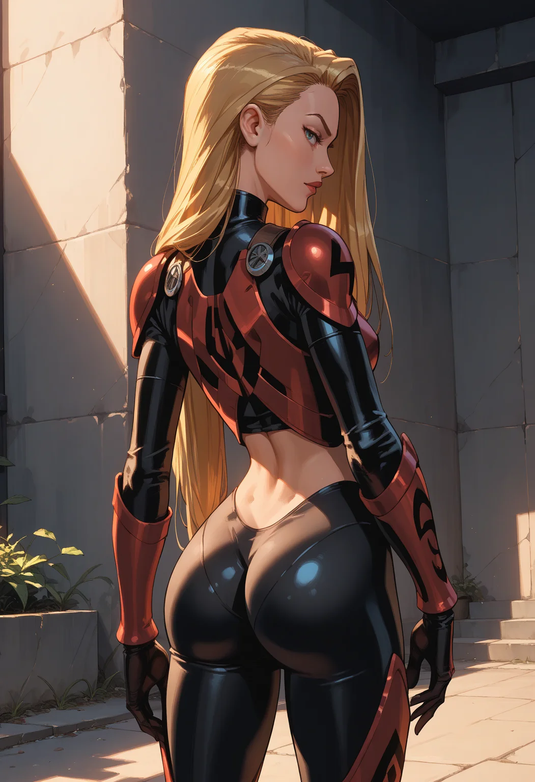 score_9, score_8_up, score_7_up, score_6_up, score_5_up, source_cartoon, uncensored, masterpiece, best quality,high detail, shadow, volumetric lighting,dappled sunlight,<lora:add-detail-xl:2> ,<lora:StS_PonyXL_Detail_Slider_v1.4_iteration_3:4>,<lora:PerfectEyesXL:1>,<lora:NM_NataliaKassle:1>, BREAK NM_NataliaKassle, solo, long hair, blonde hair, 1girl, bodysuit, ass, armor,