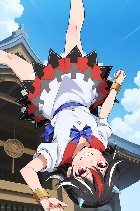 absurdres, highres, masterpiece, best quality, amazing quality, official anime artwork, screencap, anime screencap, outdoors, evil smile, looking at viewer, dynamic pose, upside down, upside down shrine, midair, flying, sky,  
 <lora:Seija-Kijin_Illustrious:1> kijin seija, 1girl, solo, red eyes, black hair, multicolored hair, streaked hair, horns,, white dress, short sleeves, blue bow, bracelet, arrow print,