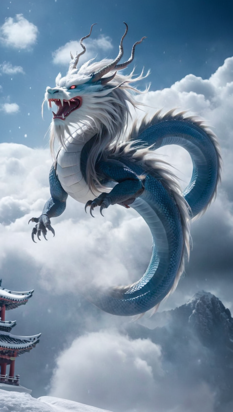 <lora:xl-shanbailing-1025-eastern dragon-000008:0.9>,bailing_eastern dragon,dragon suspended in the air there are clouds,snow,outdoors,red eyes,long hair,snowing,blue_dragon,