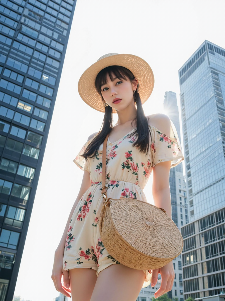 There are wonderful studio lights and various reflections,
18yo beautiful cute girl with blushing and female orgasm.skin naturally showing the texture of blood vessels and detailed pale skin,
--,
<lora:Nakajo_Ayami_f1:1>,she is Nakajo Ayami,
(Floral_printed_romper:1.5),(Straw_wide-brim_hat:1.4),(Rattan_crossbody_bag:1.3), A bold fashion shot of a model standing tall in front of massive skyscrapers. The low-angle perspective makes her appear powerful and statuesque, her expression strong and determined. The background features towering city buildings with sharp lines contrasting against the bright sky. Street fashion editorial, wide-angle lens, f/2.0, natural light, hd quality,, #æ©å¤©æ¥¼ä½è§åº¦