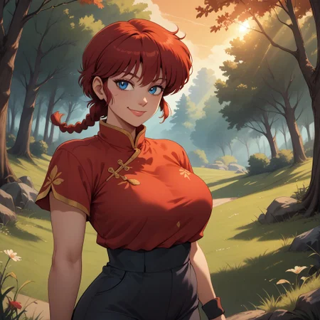 score_9, score_8, BREAK, ranma-chan,1990s style,retro artstyle,red hair,medium hair,single braid,braided ponytail,blue eyes,eyeliner,large breasts,narrow waist,short stature,chinese clothes,red shirt,black pants,black wristband, sexy pose, self portrait, smile, outdoors, sunlight, shadows, evening lighting, natural lighting, forest, trees, grass, orange sky, sunset