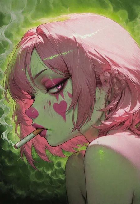 clown makeup, solo, CivChan, purple eyes, pink hair, profile, sideways glance, cigarette, smoking, smoke, detailed background, green background, neon pink theme,
painting_\(medium\), traditional media, best quality, absurdres, [dynamic pose]