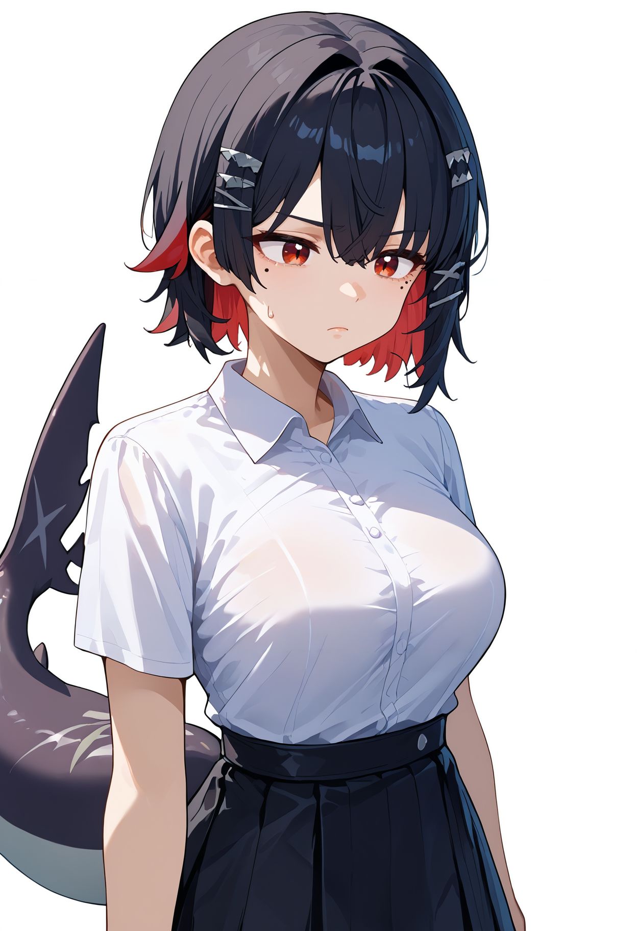 score_9,score_8_up,score_7_up,<lora:ellen_joe_zzz_v2_goofy:1>ellenJoeZzz,1girl, black hair, black skirt, breasts, closed mouth, colored inner hair, cowboy shot, fingernails, hair between eyes, hair ornament, hairclip, large breasts, mole, mole under eye, multicolored hair, official alternate costume, red eyes, red hair, shark girl, shark tail, shirt, short hair, sidelocks, simple background, skirt, solo, sweatdrop,  two-tone hair, white background, white shirt