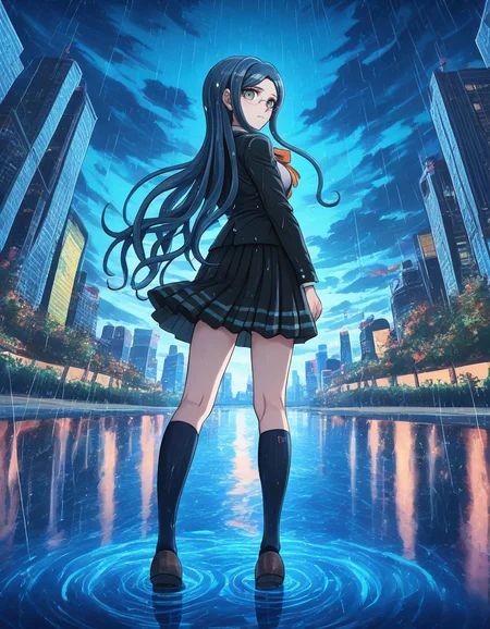 <lora:XDetail_light:-2>, modern anime, masterpiece, best quality, very aesthetic, absurdres, colorful, newest, newest anime, anime art style, detailed background, art by Rui Komatsuzaki, Rui Komatsuzaki, danganronpoa , masterpiece, best quality, <lora:Tsumugi_Shirogane_Illustrious:1>, In the art style of Rui Komatsuzaki, artist: Rui Komatsuzaki, This is an anime screencap from Danganronpa 3. . Tsumugi Shirogane wearing her uniform from Danganronpa V3. Tsumugi Shirogane has knee-length dark teal-blue hair parted in the center which is straight and smooth at the base and gradually splits into waves near the tips. Her eyes are large, round, and are a soft teal-green color. Tsumugi wears round, rimless glasses with white temples. Tsumugi's Danganronpa V3 school uniform consists of a white blouse with an orange bow tied at her collar underneath a two-button, pocketed, teal-black school blazer adorned with two silver buttons on each lapel and a single button on each gorge. She wears a knee-length teal-black pleated skirt with two dark teal stripes lining the hem. Her legwear consists of dark navy knee-length socks and teal-gray loafers. Tsumugi Shirogane is voguing. Tsumugi is confused expression . Tsumugi Shirogane is working with and involved in cloud,outdoors,sky,scenery,cloudy sky,building,rain,cityscape,reflection,city,standing,from behind,skyline,looking at viewer, blue theme,water,skyscraper , The weather is mist