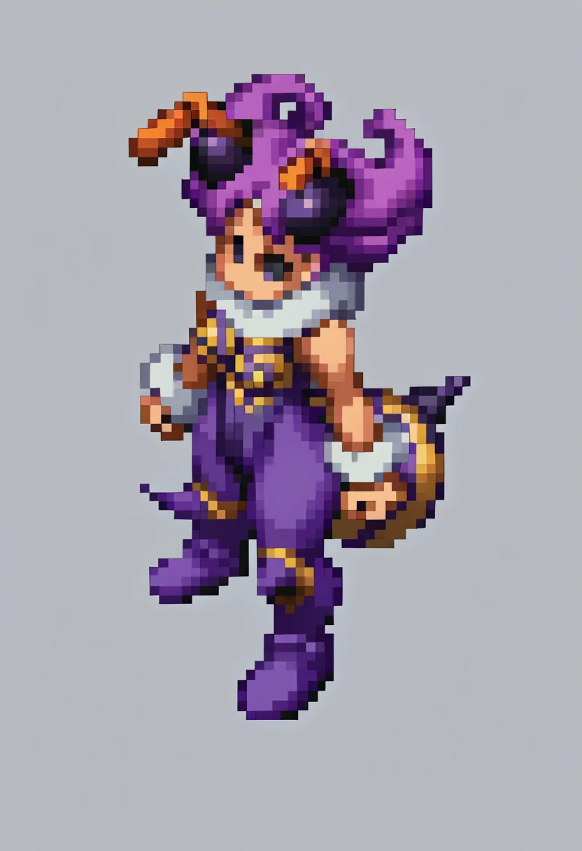 score_9, score_8_up, score_7_up, source_anime, BREAK, solo, 1girl, <lora:FFT-SpritesV2-pdxl_Fp:1>, looking at viewer, from side, full body, standing, solid oval eyes, no mouth, no nose, pixel art, pixel art, simple background, <lora:Qbee-pdxl_Fp:1>, qbee, arthropod girl, antennae, short hair, purple hair, black eyes, insect wings, leotard, purple pantyhose, fur collar, fur cuffs