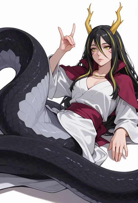 Smooth Quality,masterpiece,very intricate, high quality details, ultra realistic, high detailed skin,detailed enviorement,absurdres,
simple background, white background,
reclining, one leg over other, arm on backrest, calm, composed, ,confused,fox shadow puppet,
<lora:Albiscnn:0.8> albislamiacnn,lamia, 1girl,monster girl, horns, slit pupils, facial mark,black hair, streaked hair,
japanese clothes,white kimono, sash,red capelet,
long sleeves, sleeves,