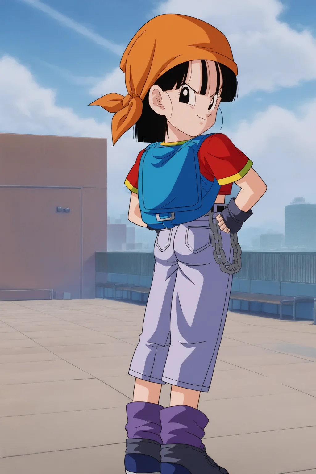 source_anime, score_9, score_8_up, score_7_up, anime screencap,8k, absurd res,
pan \(dragon ball\), 1girl, solo, looking at viewer, smile, short hair, black hair, standing, full body, short sleeves, boots, outdoors, sky, day, black gloves, looking back, gold trim, grey pants, cloud, fingerless gloves, loose socks, blue bag, from behind, black eyes, blue sky, hand on hip, chain, backpack, cloudy sky, denim, building, red shirt, hands on hips, orange bandana, female child, blue footwear, clenched hands, belt, bangs, fingernails, purple legwear, v-shaped eyebrows, sneakers
<lora:panRemake_pony_v1:0.8>