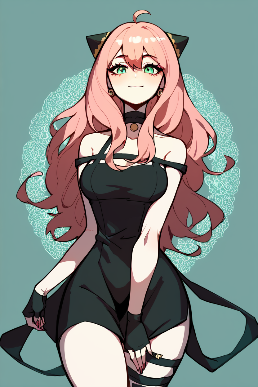 score_9, score_8_up, score_8, medium breasts, (curvy), cute, eyelashes, solo,      ,,,  zzAnya, green eyes, hair between eyes, ahoge, pink hair, long hair, hair ornament, hairpods,  gold hairband,hair flower, black choker, black dress,sleeveless,off shoulder, floral print, fingerless gloves, black footwear,thigh holding dagger,  ,<lora:AdultAnyaPDXL:1.0>,  ,,,BREAK, smile, looking at viewer, cowboy shot, ,,, embedding:zPDXL, <lora:DiivesP1:0.7>,