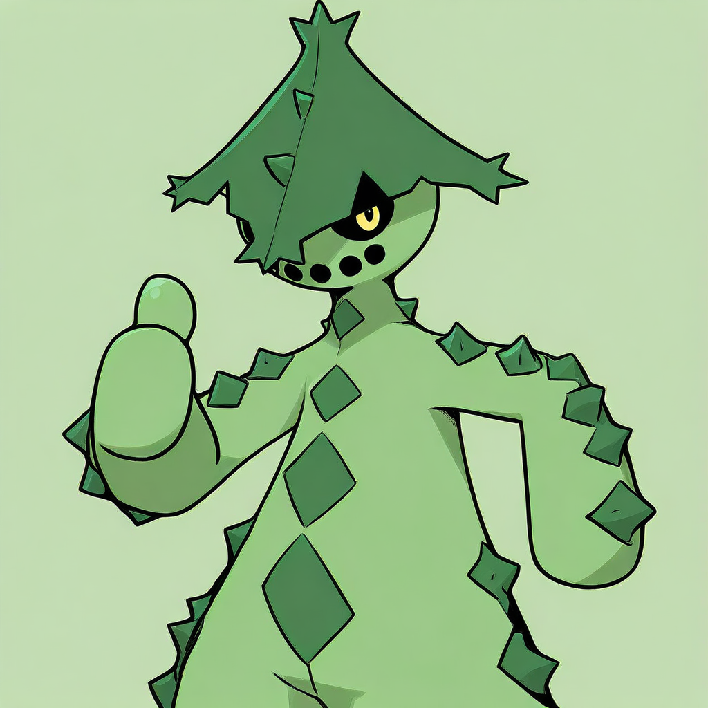 Masterpiece, absurd res, high detail, best quality, 8k, cacturne, plant humanoid, cactus, green body, pokemon (creature), upper body, (thumbs up), simple background,