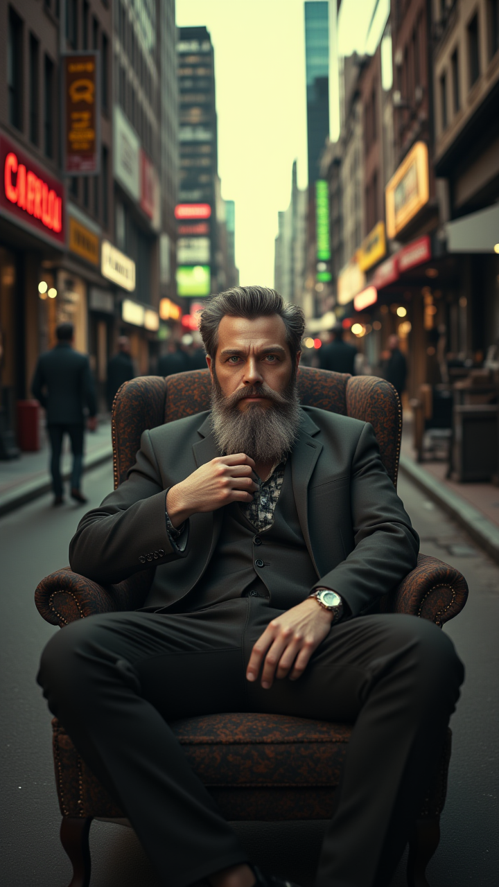 Cinematic still, a man with a long, flowing beard and piercing green eyes sits on a plush armchair in the middle of a bustling city street. Retrofuturism, aidmaMJ6.1