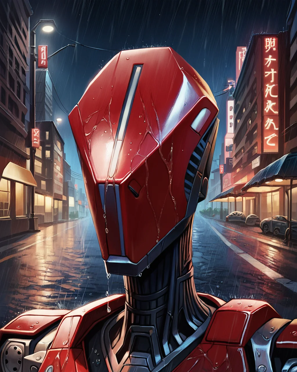 score_9, score_8_up, score_7_up, rating_questionable, intricately detailed, 
<lora:Advent_Mec:0.8>,
1boy(red Advent_Heavy_Mec, red head, faceless robot head, 
upper body,
,
looking at viewer, head turned to viewer, solo),
rain, wet street, wet, science fiction city, futuristic buildings, high rises, on a road, at night, darkness, rainfall, dark theme, detailed background, depth of field,
<lora:ral-chrosc-clr:0.5>, ral-chrosc-clr,
<lora:Expressive_H:0.5>, expessiveH,
<lora:xl_more_art-full_v1:0.3>,
<lora:add-detail-xl:0.3>