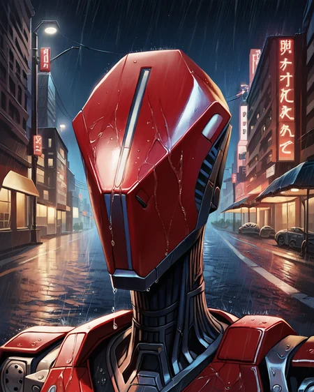 score_9, score_8_up, score_7_up, rating_questionable, intricately detailed,
<lora:Advent_Mec:0.8>,
1boy(red Advent_Heavy_Mec, red head, faceless robot head,
upper body,
,
looking at viewer, head turned to viewer, solo),
rain, wet street, wet, science fiction city, futuristic buildings, high rises, on a road, at night, darkness, rainfall, dark theme, detailed background, depth of field,
<lora:ral-chrosc-clr:0.5>, ral-chrosc-clr,
<lora:Expressive_H:0.5>, expessiveH,
<lora:xl_more_art-full_v1:0.3>,
<lora:add-detail-xl:0.3>