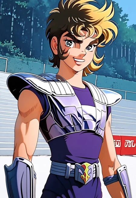 score_9, score_8_up, score_7_up, 1boy, male focus, Jabu, dark blonde hair, wavy hair, bangs, hair between eyes, green eyes, light skin, thick eyebrows, slim muscular, twink, big round pecs, nipples, abs, upper body, portrait, half smile, young, dynamic angle, looking at viewer, male model standing, confident, outdoors, elegant atmosphere, relaxed and carefree vibe, high quality, realistic, hd render, retro artysle, anime source, 1980's style, 1980's anime, unicorn_armor, purple armor, unicorn_helmet, pauldrons, vambraces, gauntlets, fingerless gloves, chest plate, waist armor, belt, boots,