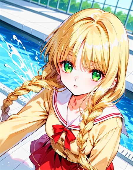 [MugenMaluMix is merged by motimalu, Shining Dream is merged by eliont, Epona_Mix is  merged by k4gtuTi:100], [zPDXLxxx::0.6], score_9, score_8_up, score_7_up, rating_questionable, source_anime, best quality, masterpiece, dreamy watercolor, depth of field, fcx, fyx, phc, yuh, very aesthetic, absurdres, retro style, depth of field, <lora:Expressive_H-000001:0.4>, Expressiveh, <lora:flat_sdxl:-0.8>, <lora:pony_good_hands:0.2>, good_hands, <lora:Mixed_ArtstyleV2:0.36>, [this lora is made by MaiiaM:100], <lora:iris_size_control2_pony_02:0.4>, <lora:detail_eyes-000019:0.2>, [this lora made by sadsilly:100], detail1eye, <lora:PE_AnimeBG:0.6>, PE_AnimeBG, anime, 1girl, long eyelashes, ultra detailed eyes, beautiful eyes, bright eyes, faint lips BREAK leaning forward, panicking, pool, splash pad, jet of water, splashing water, cowboyshot, (three quarter view:0, (from above:0.6), (dutch angle:0.2) BREAK <lora:satomura-akane-xl-05:1>, satomura akane, blonde hair, braids, long hair, green eyes, expressionless, medium breasts, school uniform, yellow cardigan, red bow, pink serafuku, red skirt, white socks, leather shooes