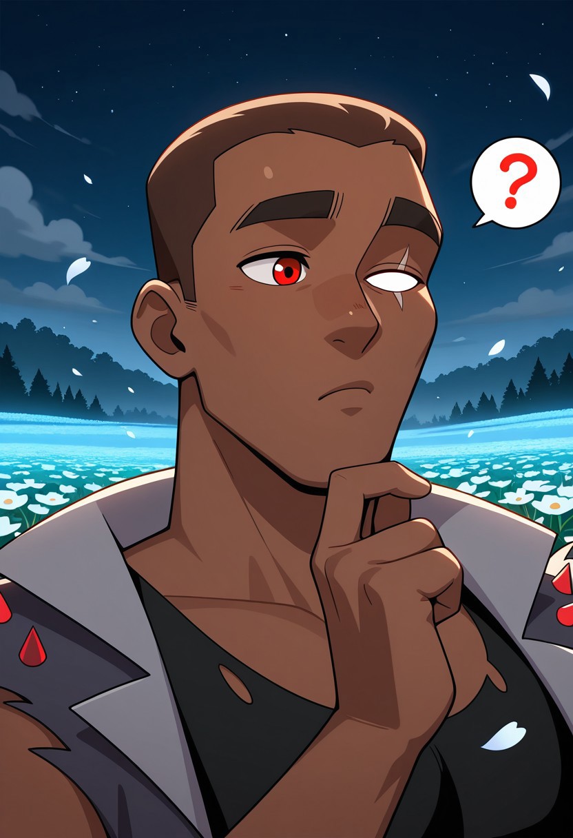 MASTERPIECE, AMAZING QUALITY, 1BOY, TEX, PORTRAIT, HUMAN FORM, DARK SKIN, BROWN HAIR, RED EYE, SINGLE WHITE EYE, SPIKED VEST, SHIRT, CONFUSED, SPOKEN QUESTION MARK, FINGER ON CHIN, BREAK, FLOWER MEADOW, PETALS, NIGHT, FOG,