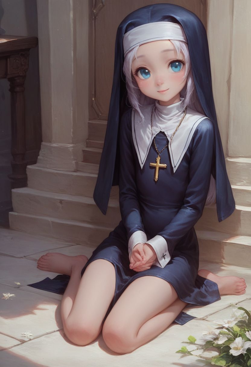 score_9, score_8_up, score_7_up, maria, nun,1girl, long hair, detailed blue eyes, cute, adorable, innocent, full body shot, detailed, pure, soft, young, sitting