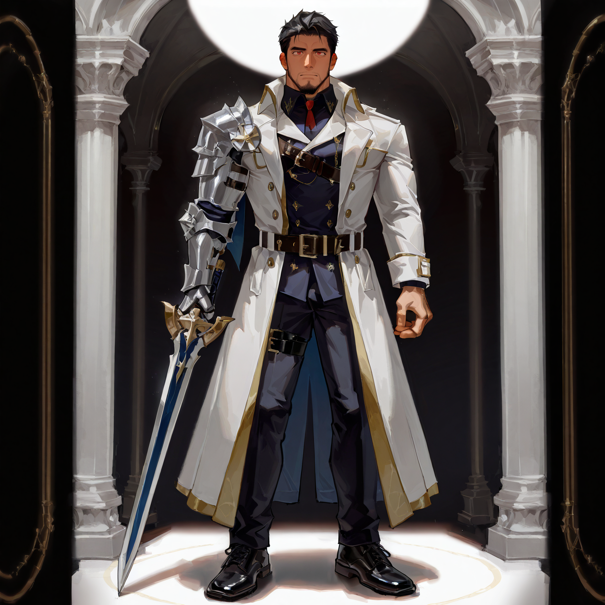 <lora:Dios_Alchemist_Code-000004:.5> tagatamedios, 1boy, mature male, middle hair, red eyes, coat, shirt, armor, pants, belt, shoes, sword
(very short hair, beard, bara, mature, facial hair, stubble, beard, full beard, sideburn, beard, a lot of beard, ), facial hair,male focus, muscular male, muscular male, bara, mature,  bara, mature, aixiwuganda_(20222192), very awa, masterpiece, best quality, absurdres, newest, perfect quality, detailed background, intricate details,
<lora:slider_Body Type_alpha1.0_rank4_noxattn_last:3><lora:Anime Summer Days 2 Style SDXL_LoRA_Pony Diffusion V6 XL:.6><lora:slider_cfg_scale_boost:.7><lora:Artist6p:.55>, Artist6p, Artist04p,<lora:slider_il_brightness_slider_d1:-1><lora:slider_il_contrast_slider_d1:-1><lora:slider_DarkSlider1.2_alpha1.0_rank16_full_300steps:-.6>