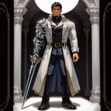 <lora:Dios_Alchemist_Code-000004:.5> tagatamedios, 1boy, mature male, middle hair, red eyes, coat, shirt, armor, pants, belt, shoes, sword
(very short hair, beard, bara, mature, facial hair, stubble, beard, full beard, sideburn, beard, a lot of beard, ), facial hair,male focus, muscular male, muscular male, bara, mature,  bara, mature, aixiwuganda_(20222192), very awa, masterpiece, best quality, absurdres, newest, perfect quality, detailed background, intricate details,
<lora:slider_Body Type_alpha1.0_rank4_noxattn_last:3><lora:Anime Summer Days 2 Style SDXL_LoRA_Pony Diffusion V6 XL:.6><lora:slider_cfg_scale_boost:.7><lora:Artist6p:.55>, Artist6p, Artist04p,<lora:slider_il_brightness_slider_d1:-1><lora:slider_il_contrast_slider_d1:-1><lora:slider_DarkSlider1.2_alpha1.0_rank16_full_300steps:-.6>