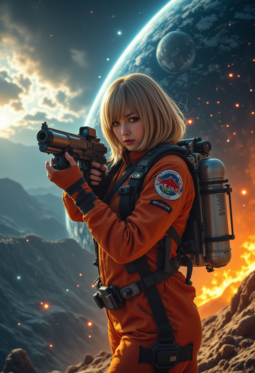 She is approximately 18 years old, dynamic angles,photoshoot poses, The image shows a young woman in a space suit, holding a futuristic laser gun. She is flying in front of a vast expanse of space, with the Earth is on fire, visible in the background. The woman has shoulder-length blonde hair and is looking directly at the camera with a serious expression on her face. she is wearing an astronaut helmet. She has a jetpack on her back, it's glowing.  The sky is dark and cloudy, with a bright light shining down on the woman. The overall mood of the image is intense and dramatic,RAW candid cinema,16mm,color graded portra 400 film,remarkable color,ultra realistic,textured skin,remarkable detailed pupils,realistic dull skin noise,visible skin detail,skin fuzz,dry skin,shot with cinematic camera,detailed skin texture,(blush:0.2),(goosebumps:0.3),subsurface scattering,beautiful photograph in the style of Augustus John,Sergio Toppi,Virginia Frances Sterrett,8k HD,detailed skin texture,ultra realistic,textured skin,analog raw photo,cinematic grain,whimsical.perfection style,aidmadalle3, she is smiling, smiling