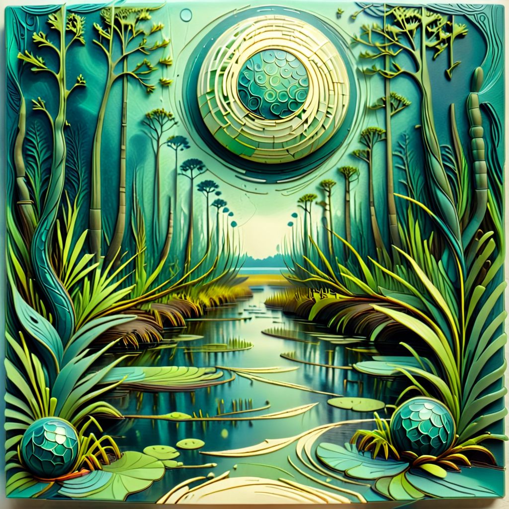 geometric nature print, swamp, lines, encaustic, canvas, bauhaus style, Depth of Field, ocean tones, paisley pattern, pixelated effect, reflections accents, spherical rotation, sandpaper texture, velvety finish <lora:artfully_DEPTHMAP:0.8>,  depth map, in the style of carved relief, embossing, encaustic, papercraft,