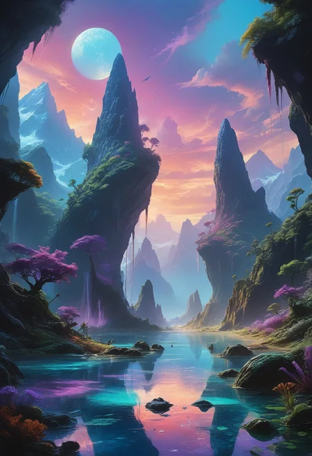 An alien world that mirrors the beauty of Earth, featuring lush, vibrant landscapes and diverse ecosystems. Towering mountains with iridescent peaks rise against a sky painted in shades of turquoise and lavender, while cascading waterfalls flow into crystal-clear lakes teeming with colorful, exotic aquatic life. The terrain is dotted with bioluminescent plants that glow softly in the twilight, creating a magical atmosphere. In the foreground, a group of alien creatures resembling a blend of Earth’s mammals and reptiles interact playfully, showcasing their unique adaptations.
(score_9, score_8_up:1.1), score_7_up,